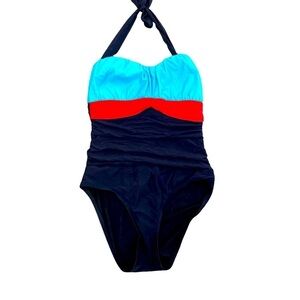 Athena one piece halter colorblock aqua, orange, black swimsuit size 10